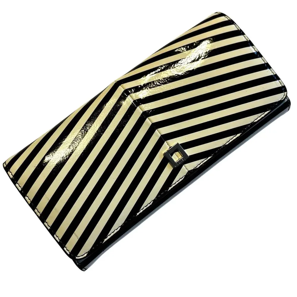 Lodis brand striped beige & black Chevron patent leather wallet clutch purse